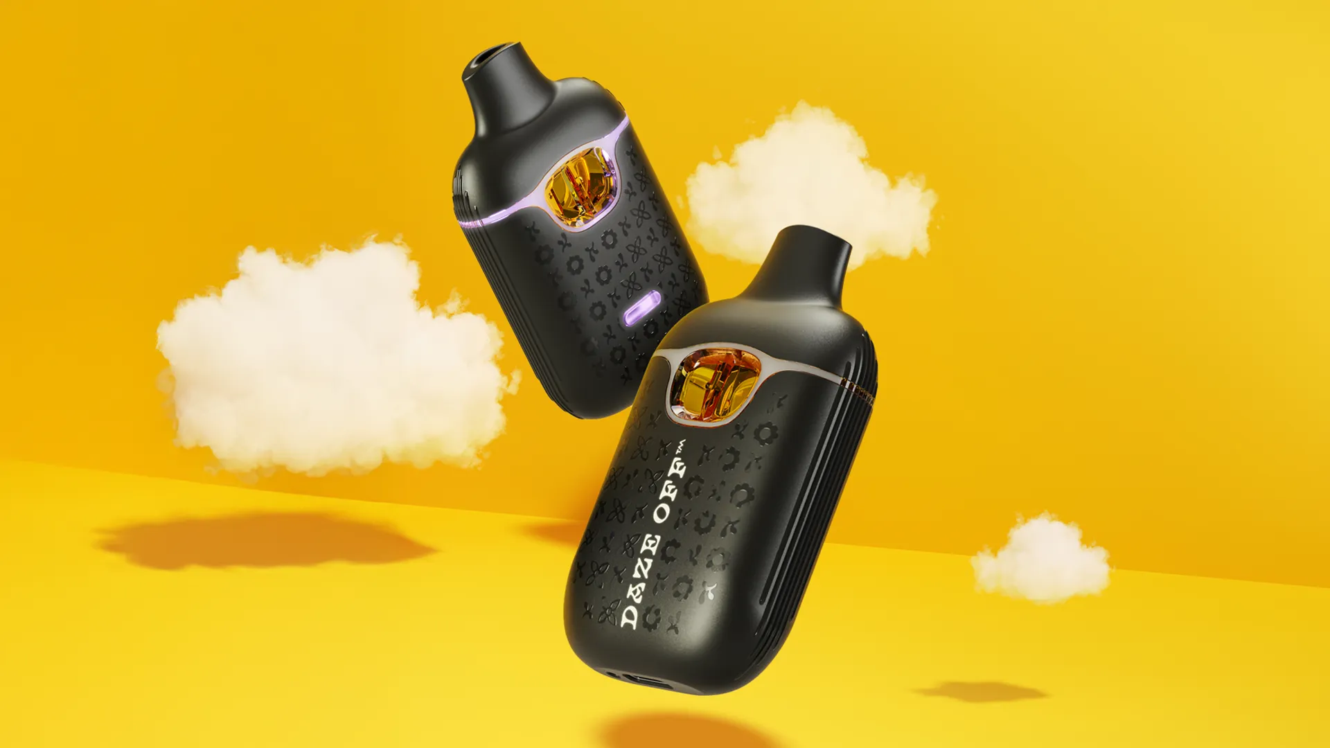 Two black Daze Off all-in-one vape devices with patterned bodies on a yellow cloud background.