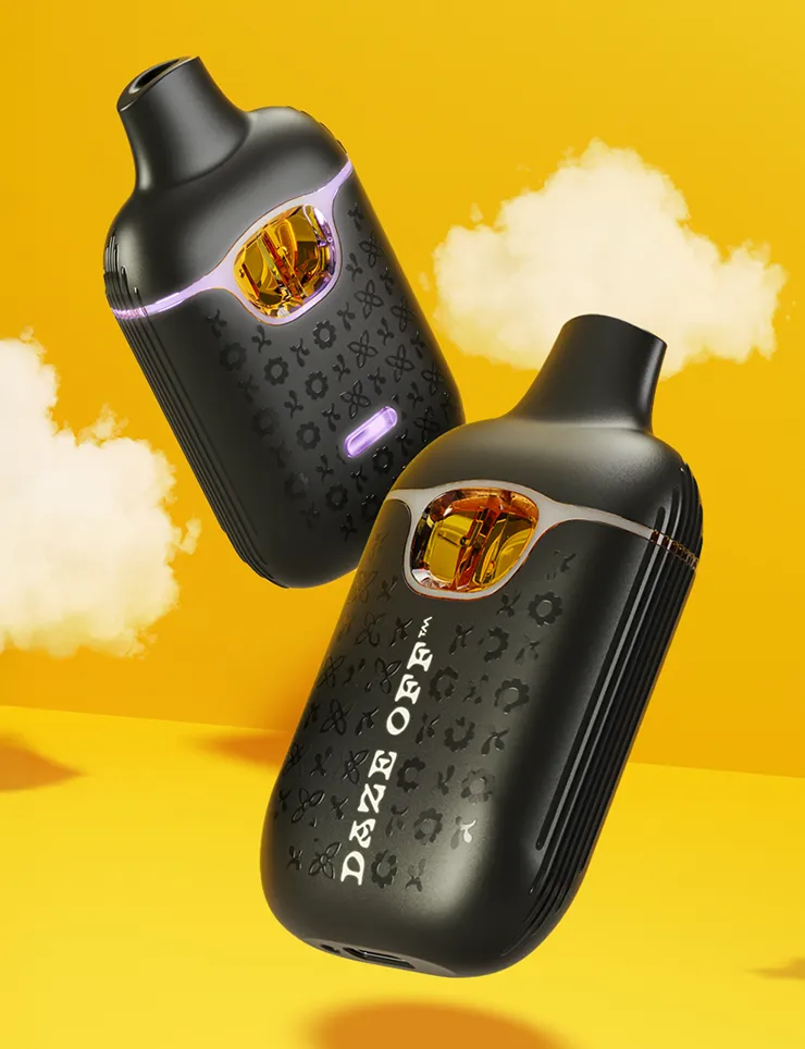 Two black Daze Off all-in-one vape devices with patterned bodies on a yellow cloud background.