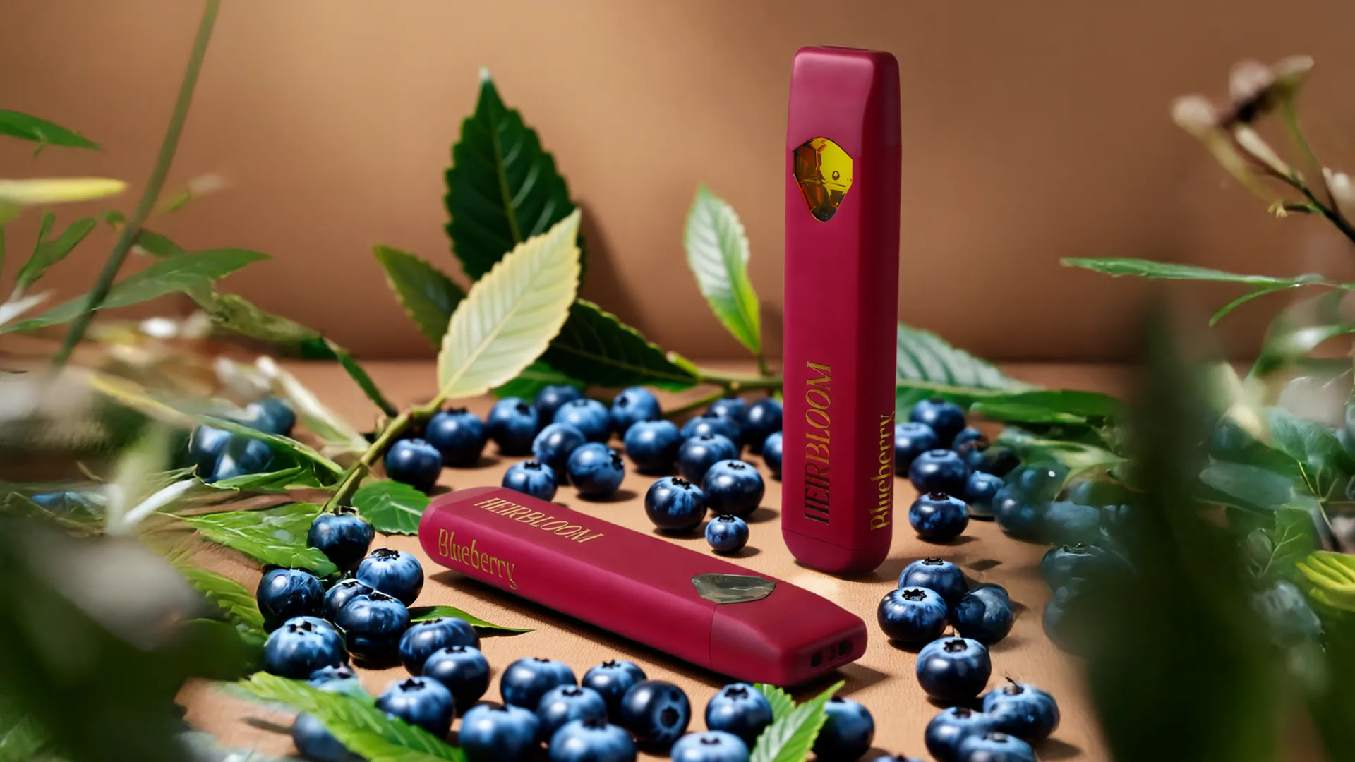 Heirbloom blueberry disposable vape pen styled among fresh blueberries and green leaves.