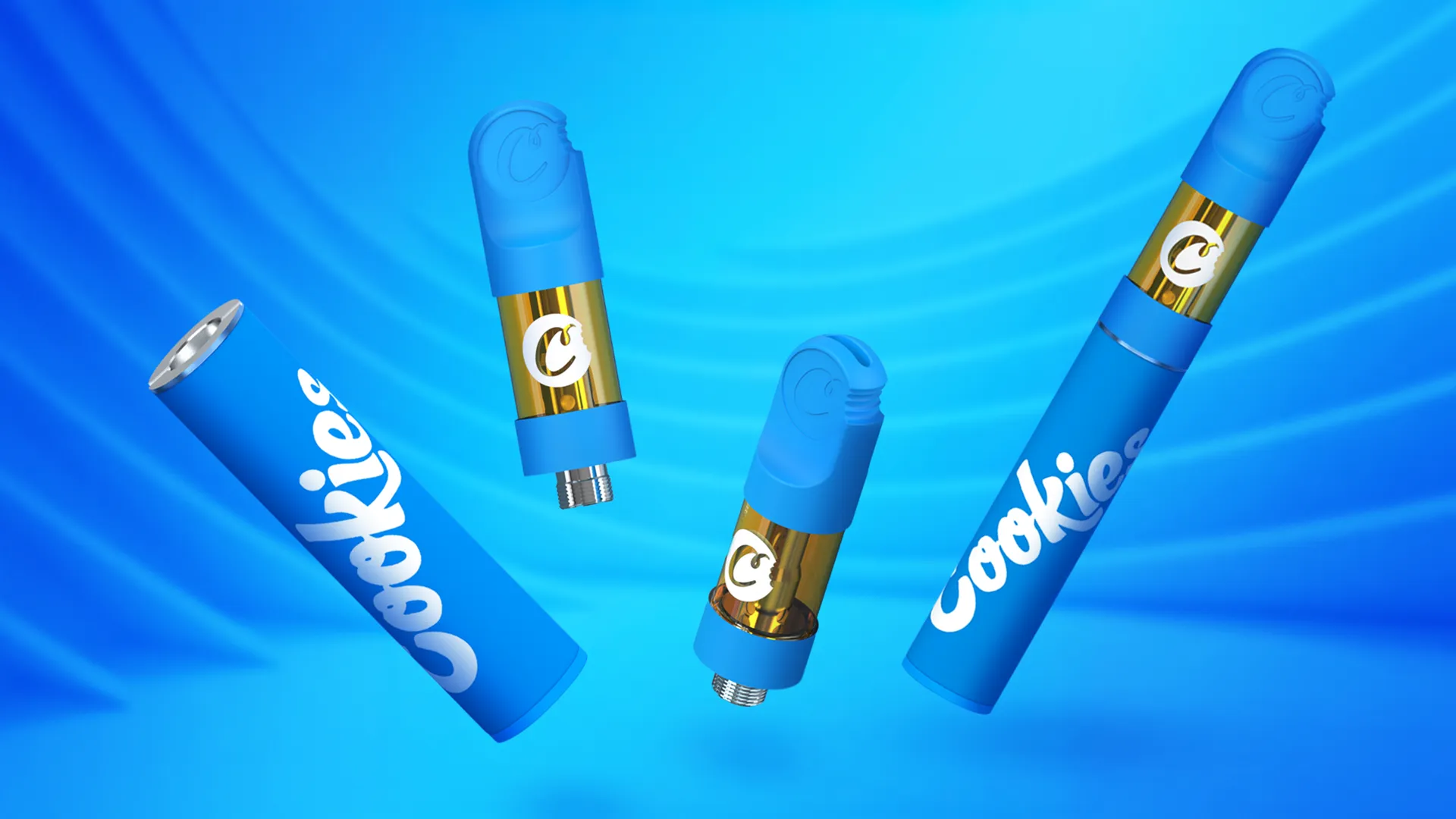 Cookies Fat Boy blue vape cartridges floating on a bright blue background.