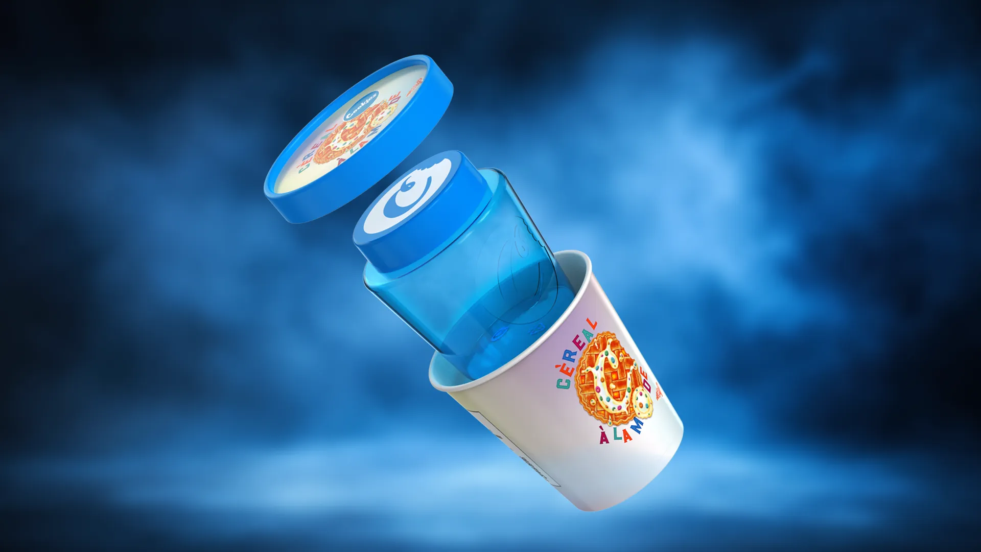 Cookies “Cereal à la Mode” tub and jar cannabis packaging floating against a blue backdrop.