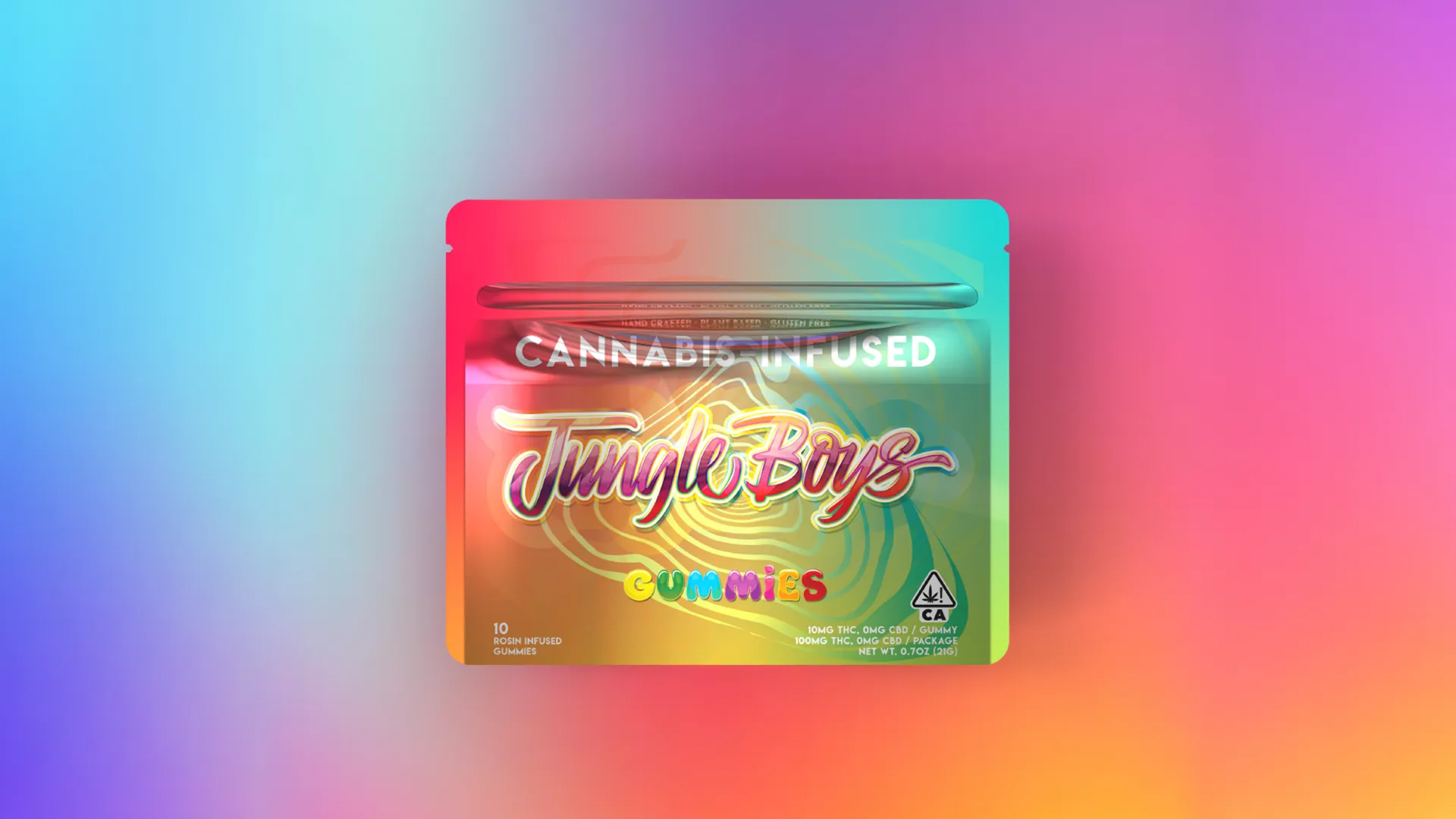 Jungle Boys Gummies pouch design on a vibrant rainbow gradient background.