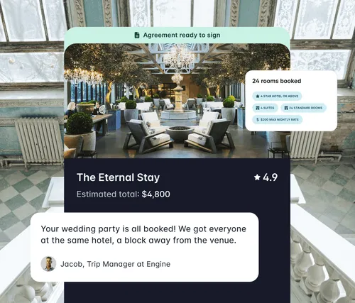 A hotel listing, and a chat bubble featuring a conversation with a support rep