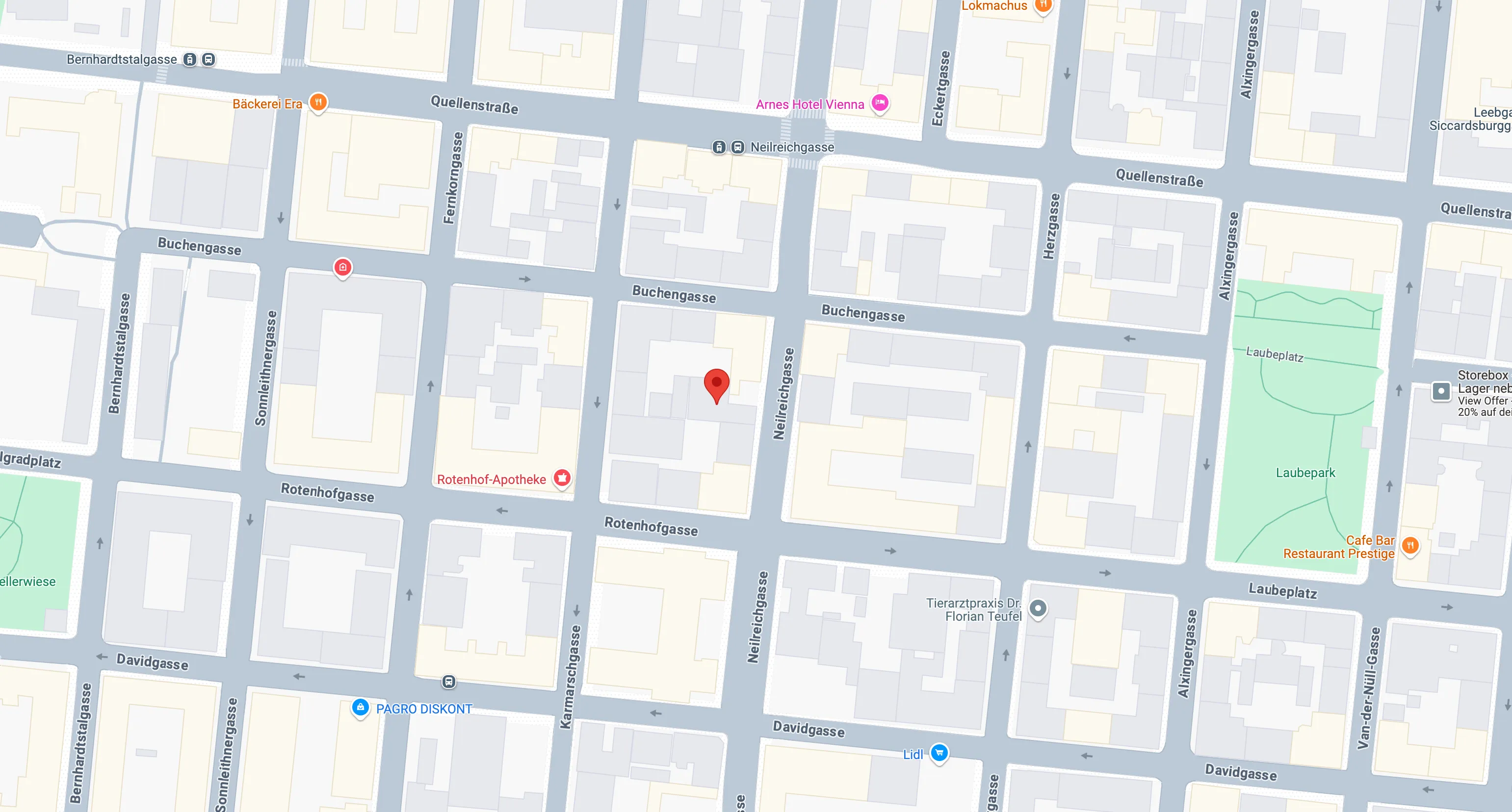 Kartenausschnitt eines Stadtviertels mit Straßen und markiertem Standort an der Neireichgasse in Wien.