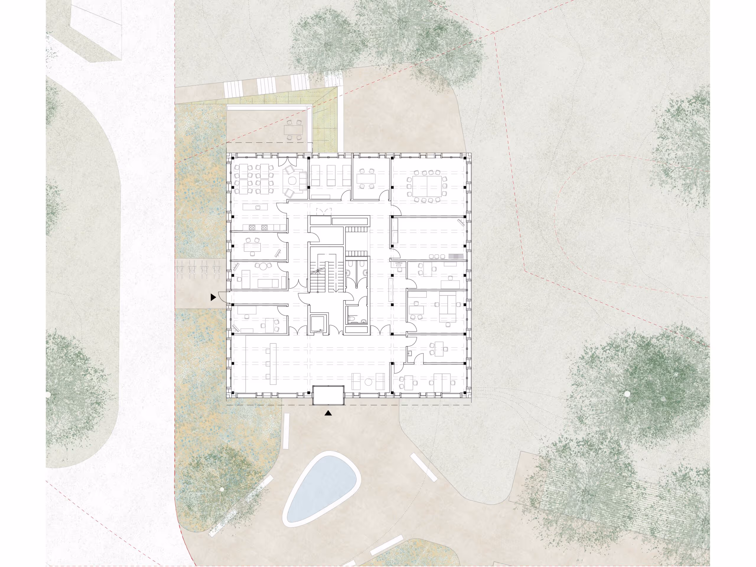 Grundriss mit Landschaftsarchitektur integriert