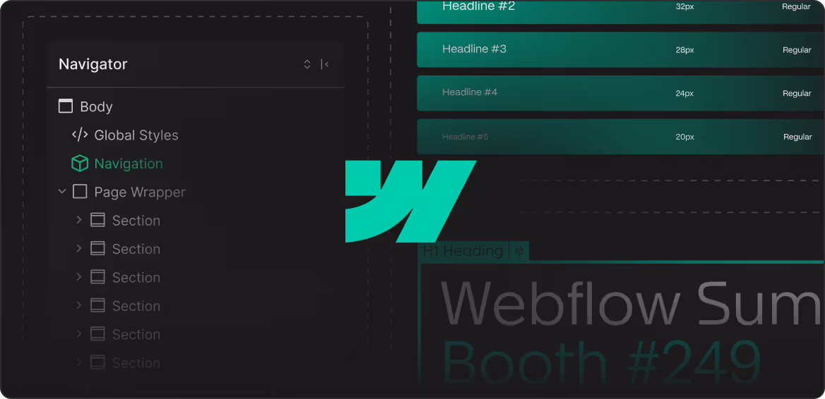 Webflow interface showing navigator panel with body, global styles, and page wrapper sections.