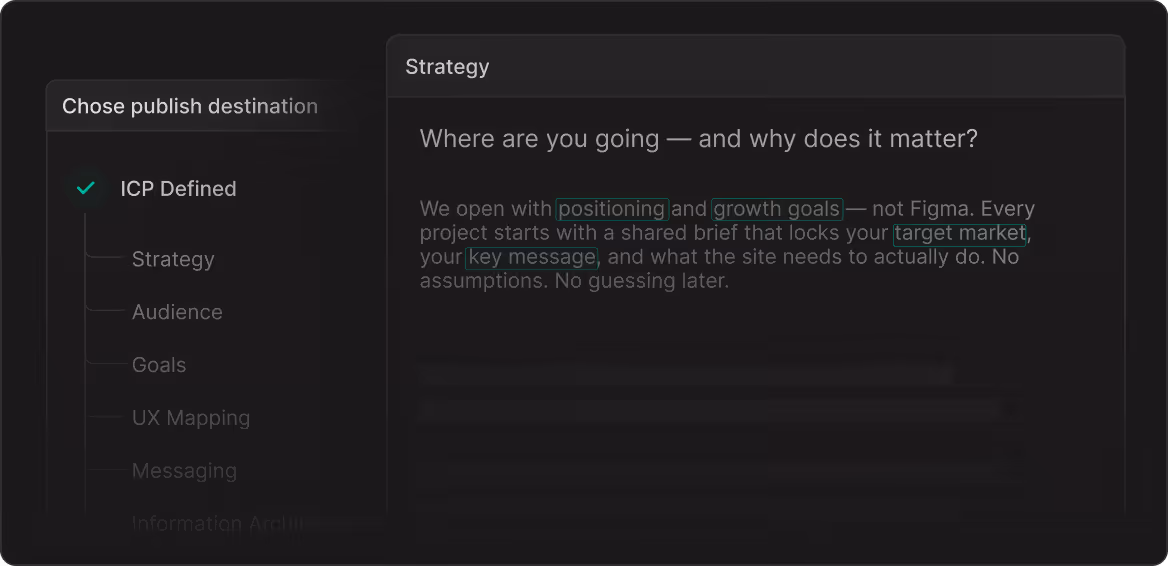 Screen showing strategy section with text about positioning, growth goals, target market, and key message.