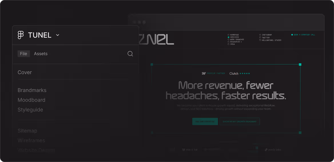 Screenshot of a dark-themed UX design tool with a sidebar menu showing files like Cover, Brandmarks, Moodboard, Styleguide.