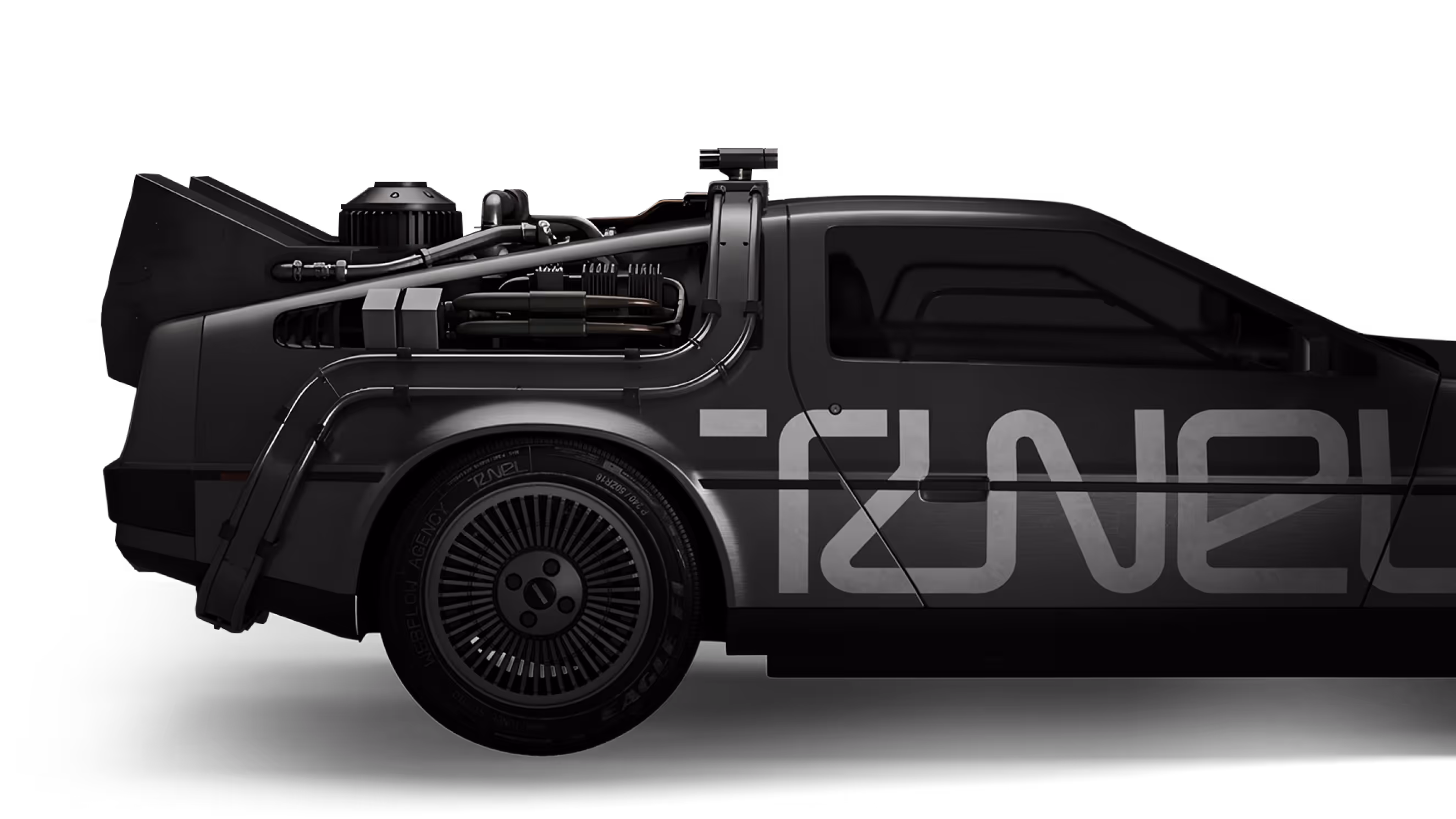 Side view of a DeLorean car with exposed engine and futuristic design elements in black and gray tones.