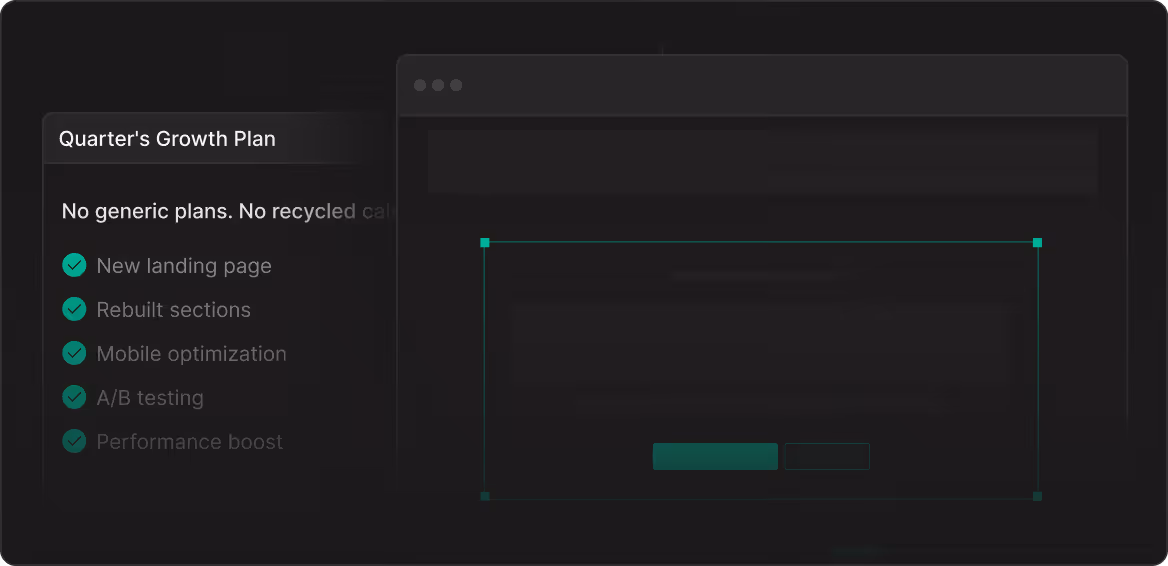 Quarter's Growth Plan with checked tasks: new landing page, rebuilt sections, mobile optimization, A/B testing.