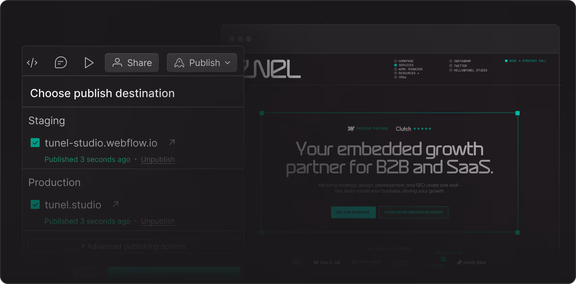 Publishing interface showing staging and production destinations for tunel.studio website.