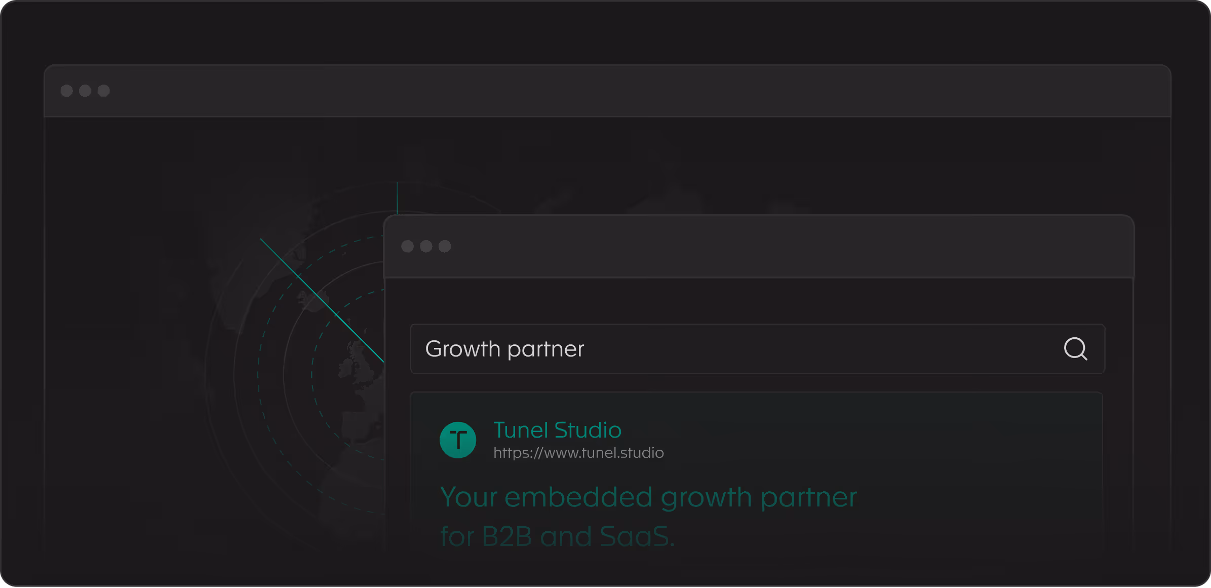 Search bar with text 'Growth partner' showing Tunel Studio as an embedded growth partner for B2B and SaaS.