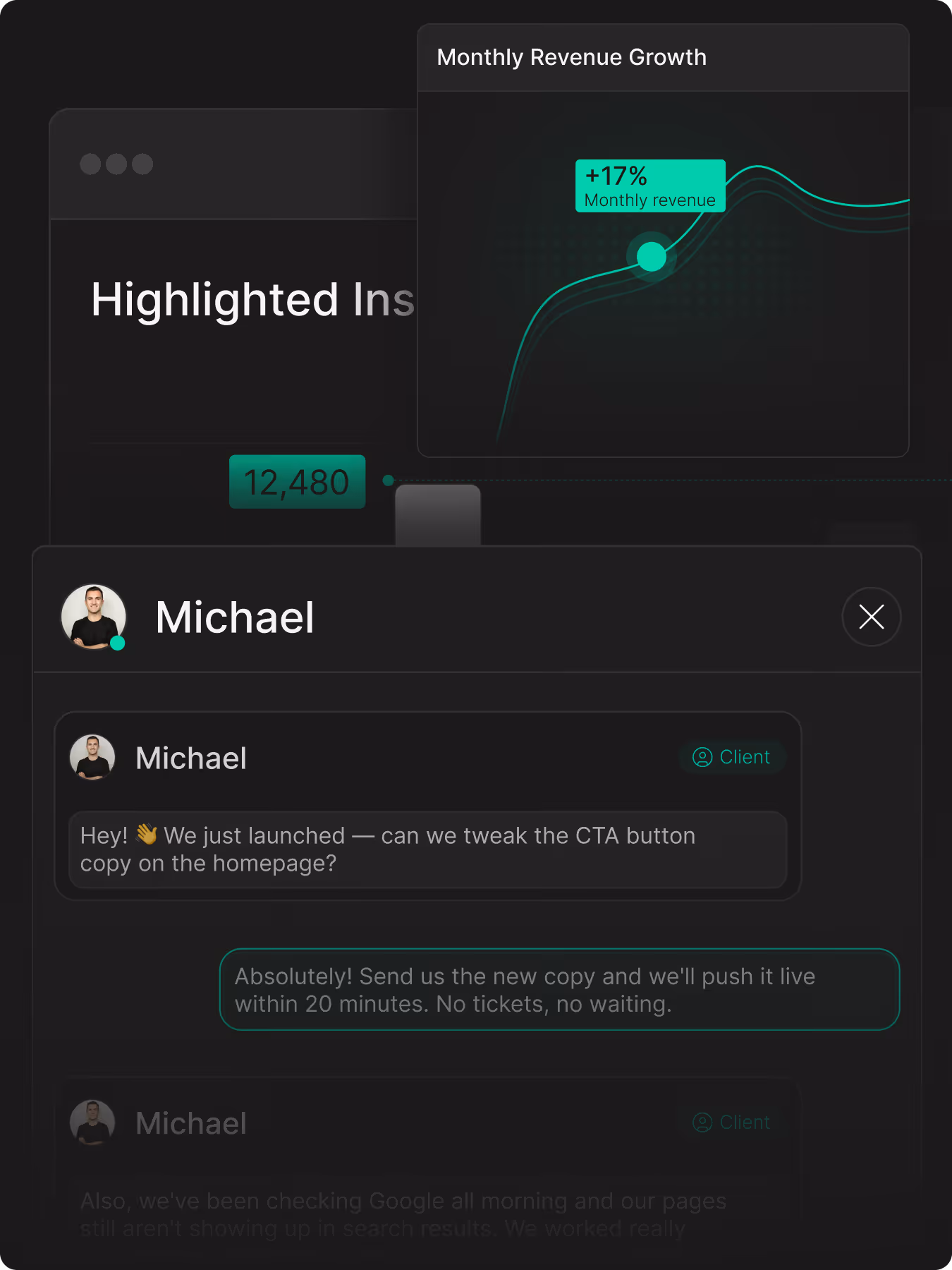 Chat interface showing Michael discussing tweaking homepage CTA button with a 17% monthly revenue growth chart.