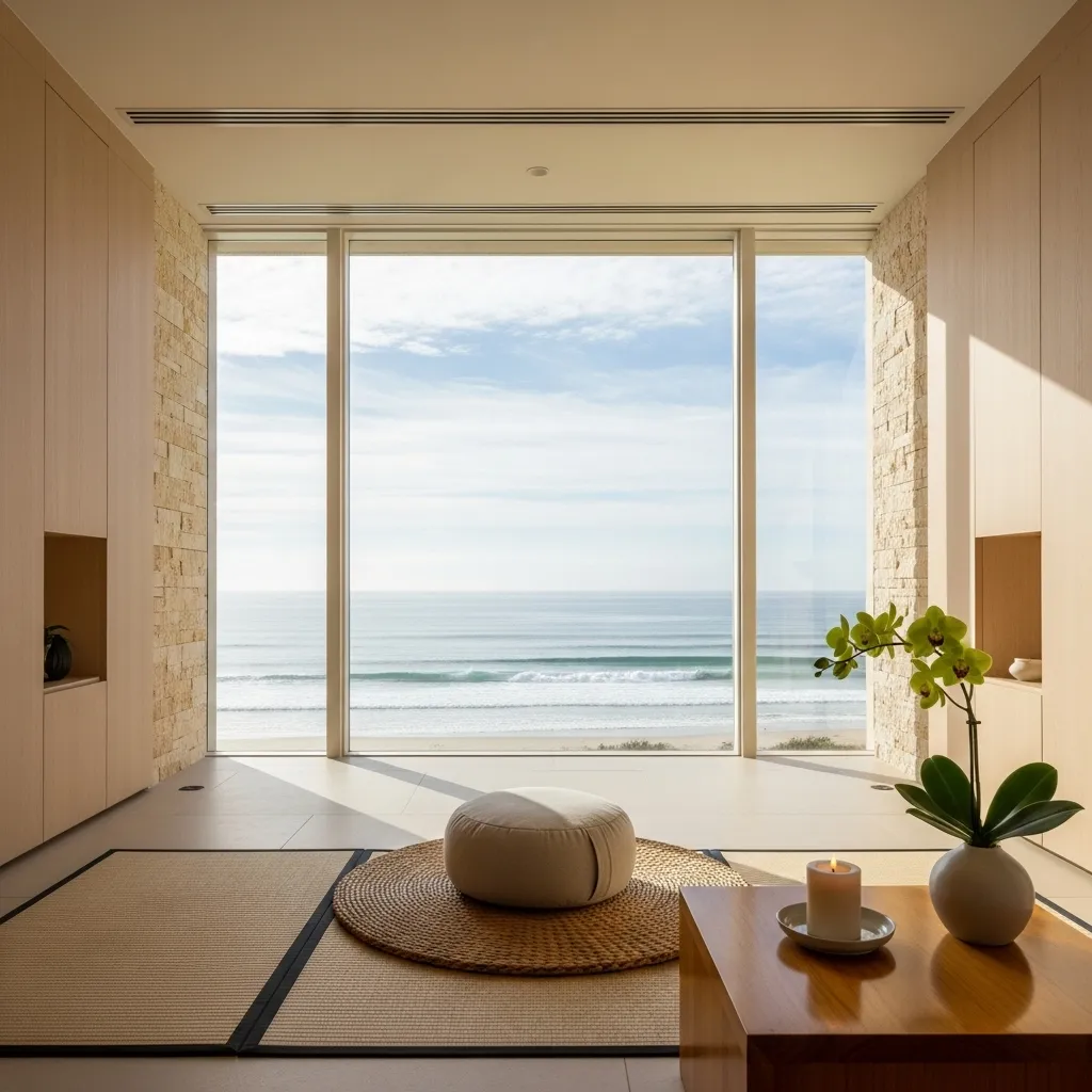 Minimalist room with large window overlooking ocean waves, featuring a cushion on a woven mat, a lit candle, and a vase with green orchid on a wooden table.
