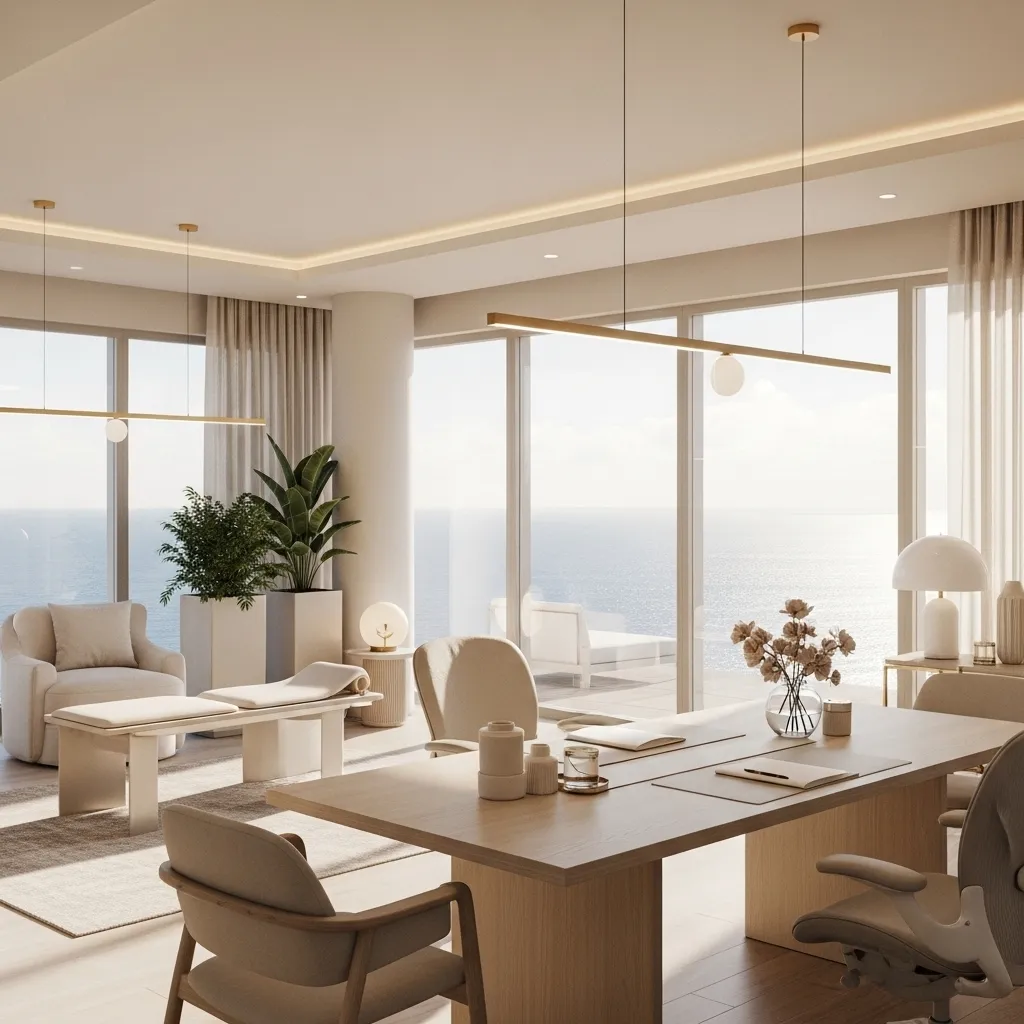 Bright modern office room with a large desk, beige chairs, plants, and floor-to-ceiling windows overlooking the ocean.