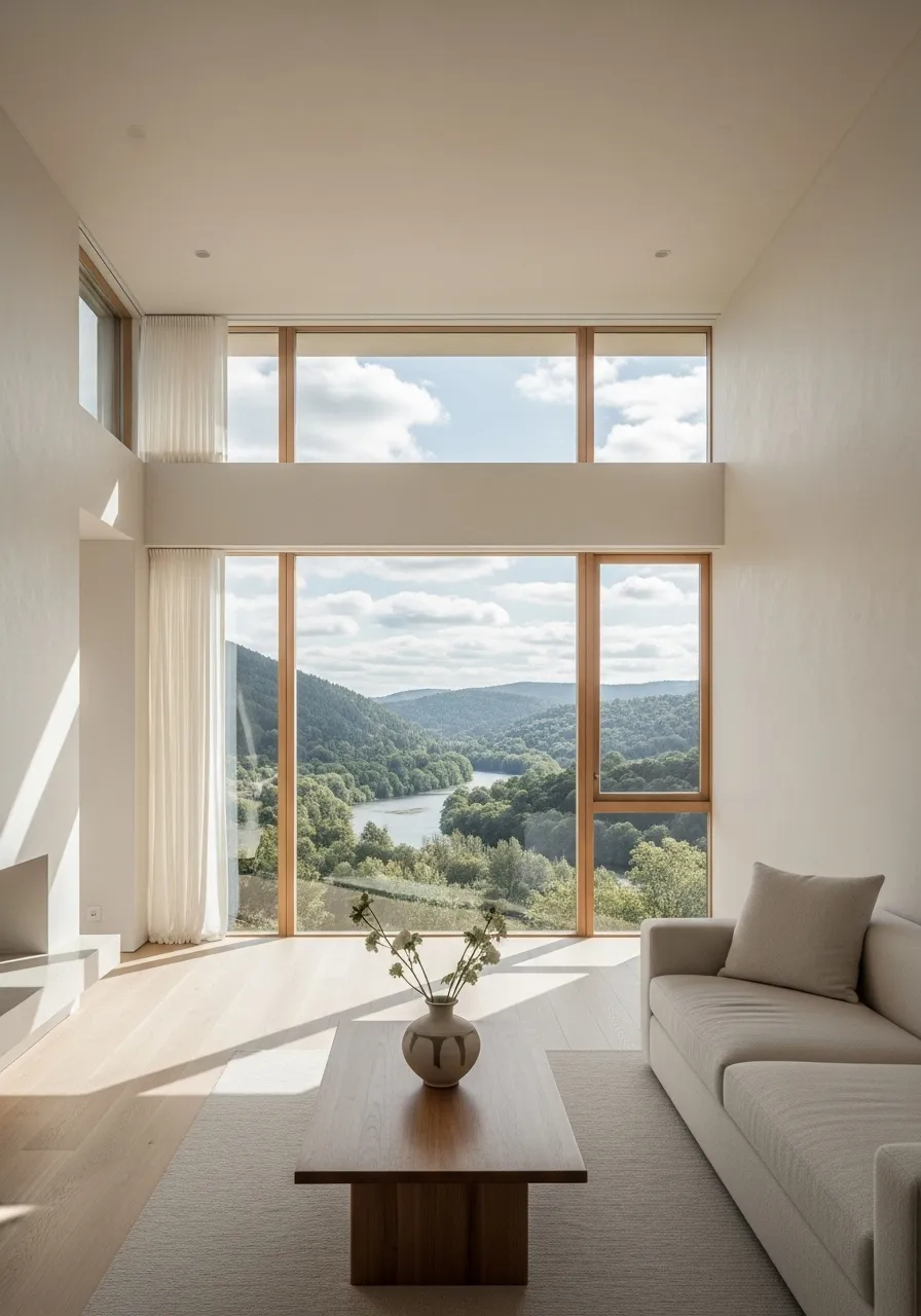 Minimalist living room with large floor-to-ceiling windows overlooking a river and forested hills, featuring a beige sofa and wooden coffee table with a vase of flowers.