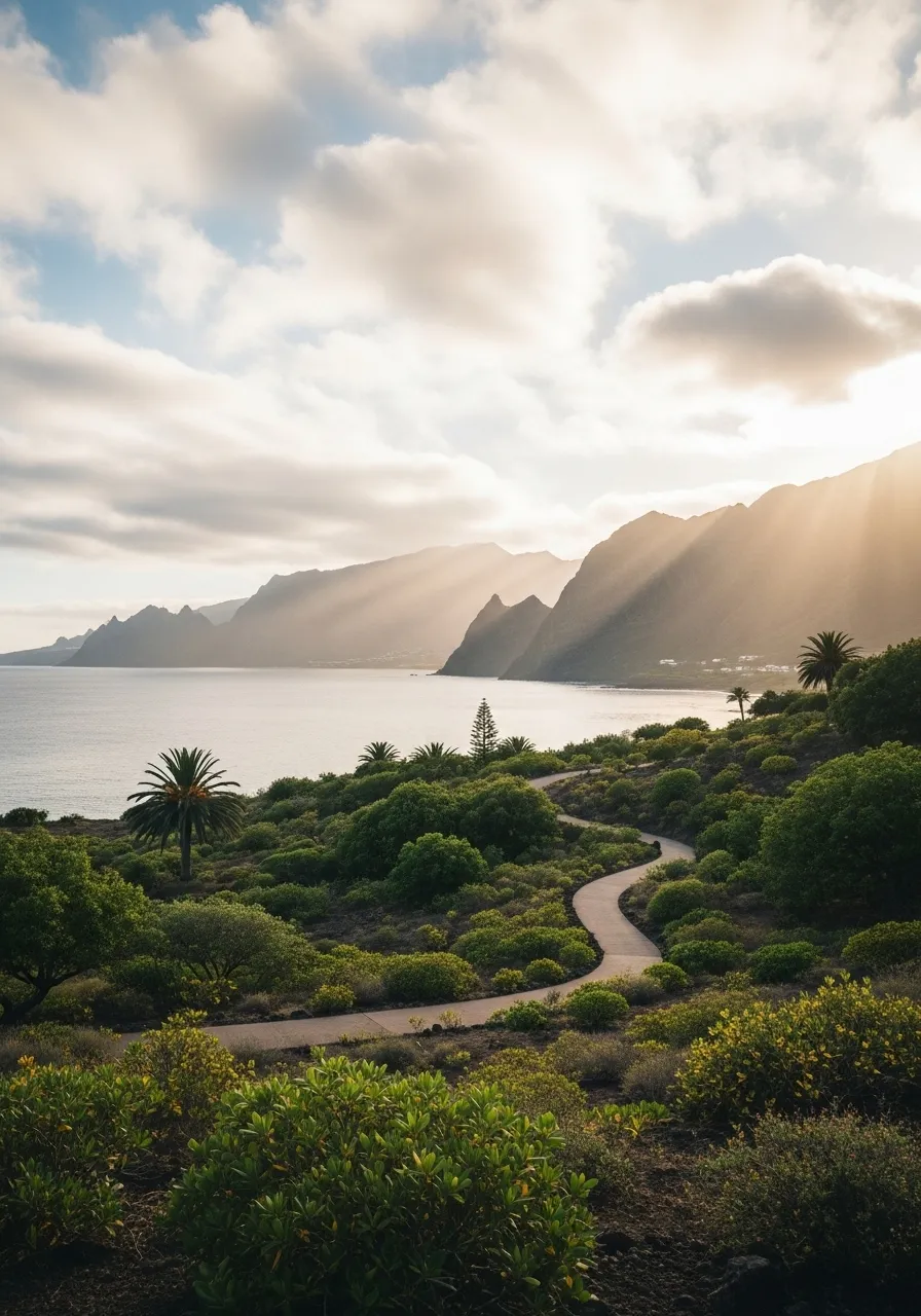 Winding path through green shrubs and palm trees along a coastline with mountains in the background illuminated by sun rays.