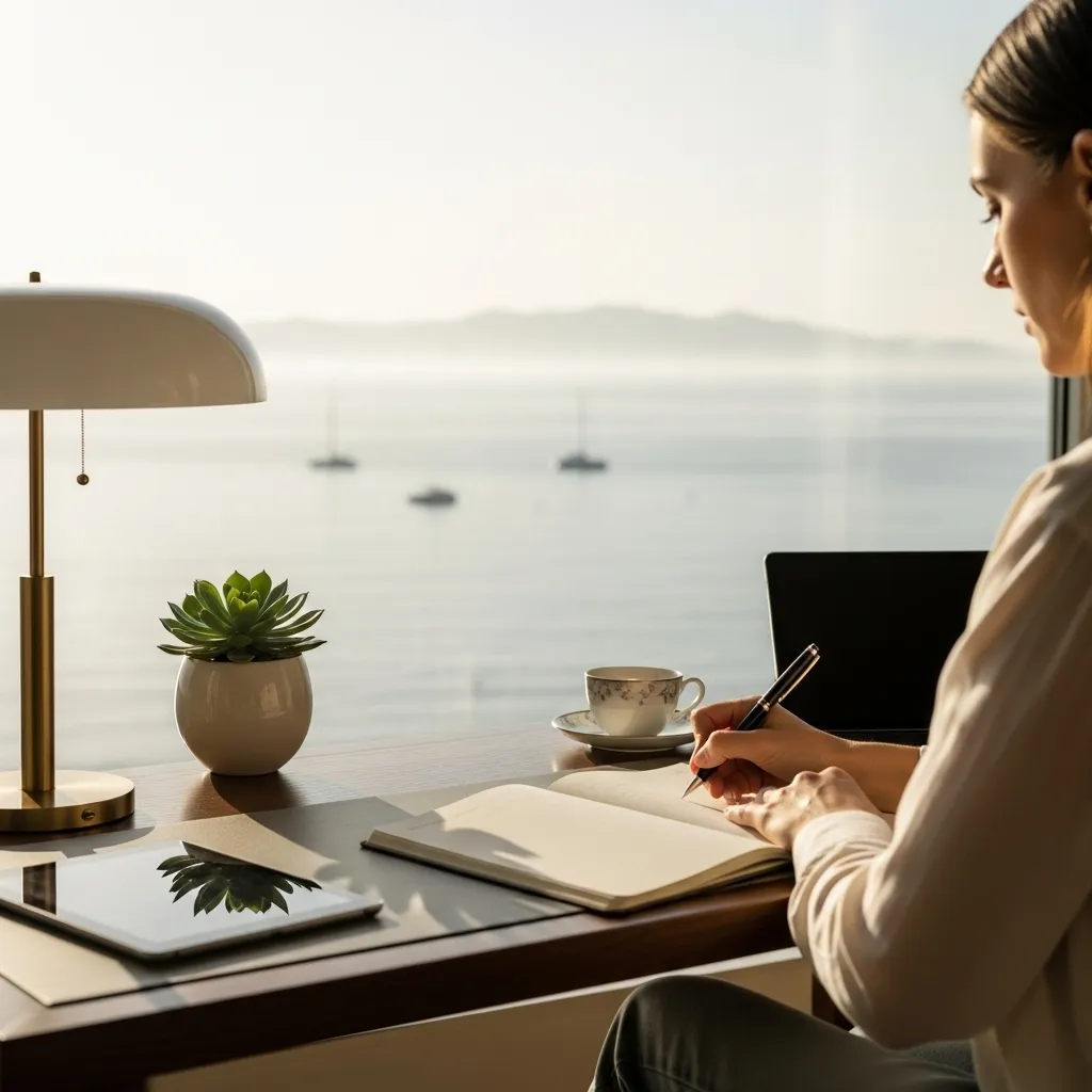 Woman writing in a notebook at a desk with a lamp, succulent plant, tablet, and a cup, overlooking a calm sea with boats in the distance.