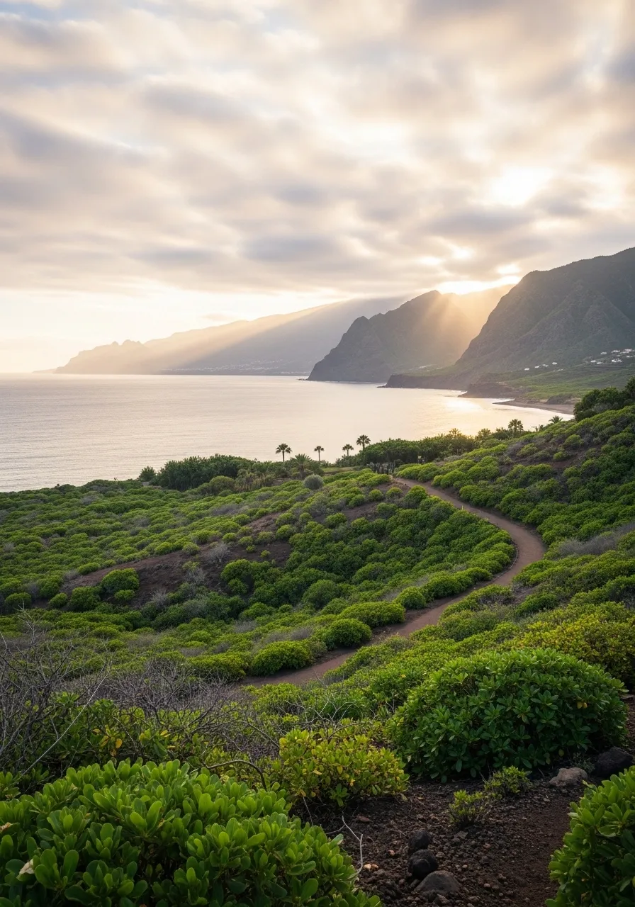 Sunset casting rays over coastal mountains with green shrubs and a winding dirt path in the foreground.