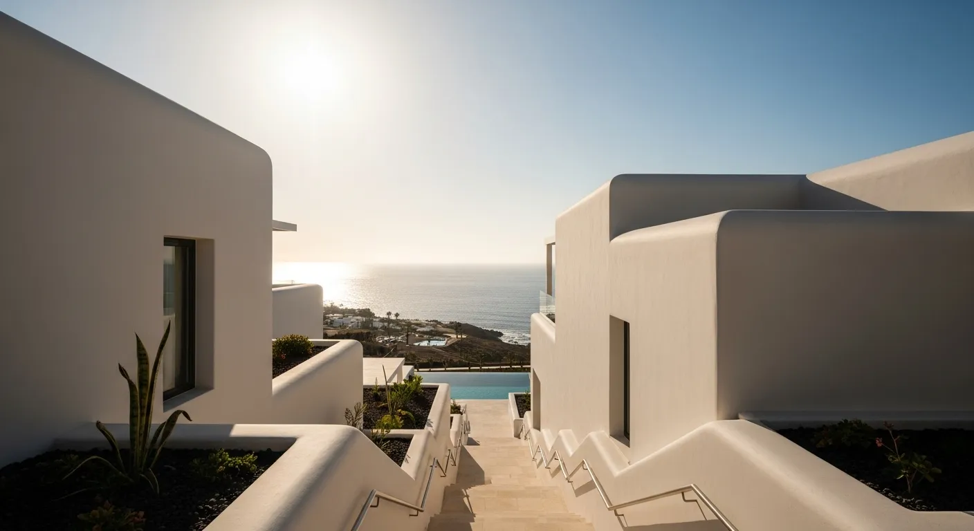 Modern white buildings with rounded corners and stairs leading down to a terrace overlooking the ocean at sunset.