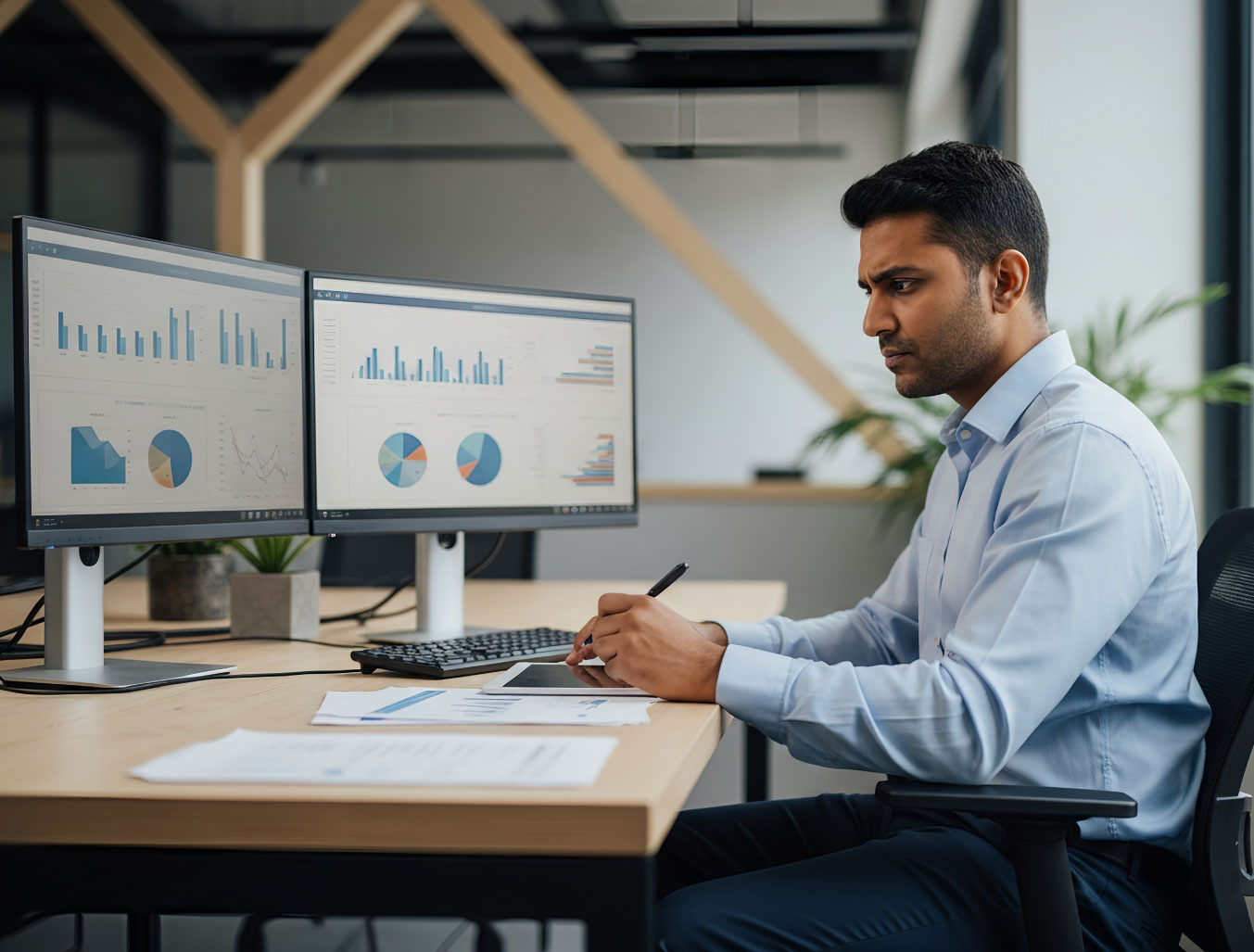 middle age professional looking at financial documents on the screen