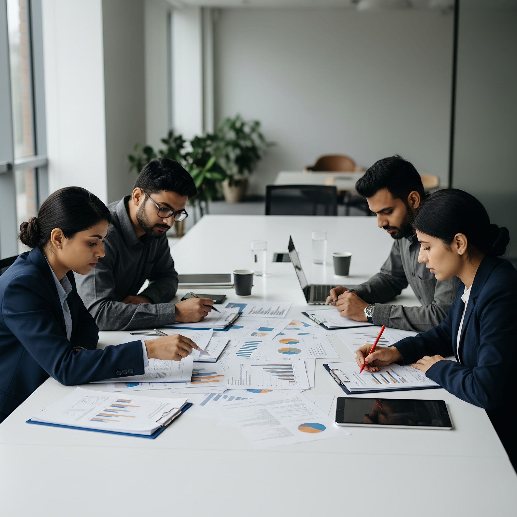 Team of finance professional analysing documents