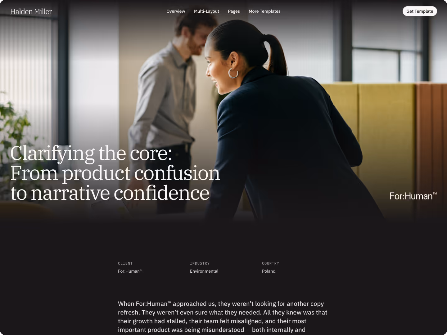 Case study page layout featuring project images, description, and client information in a dark theme.