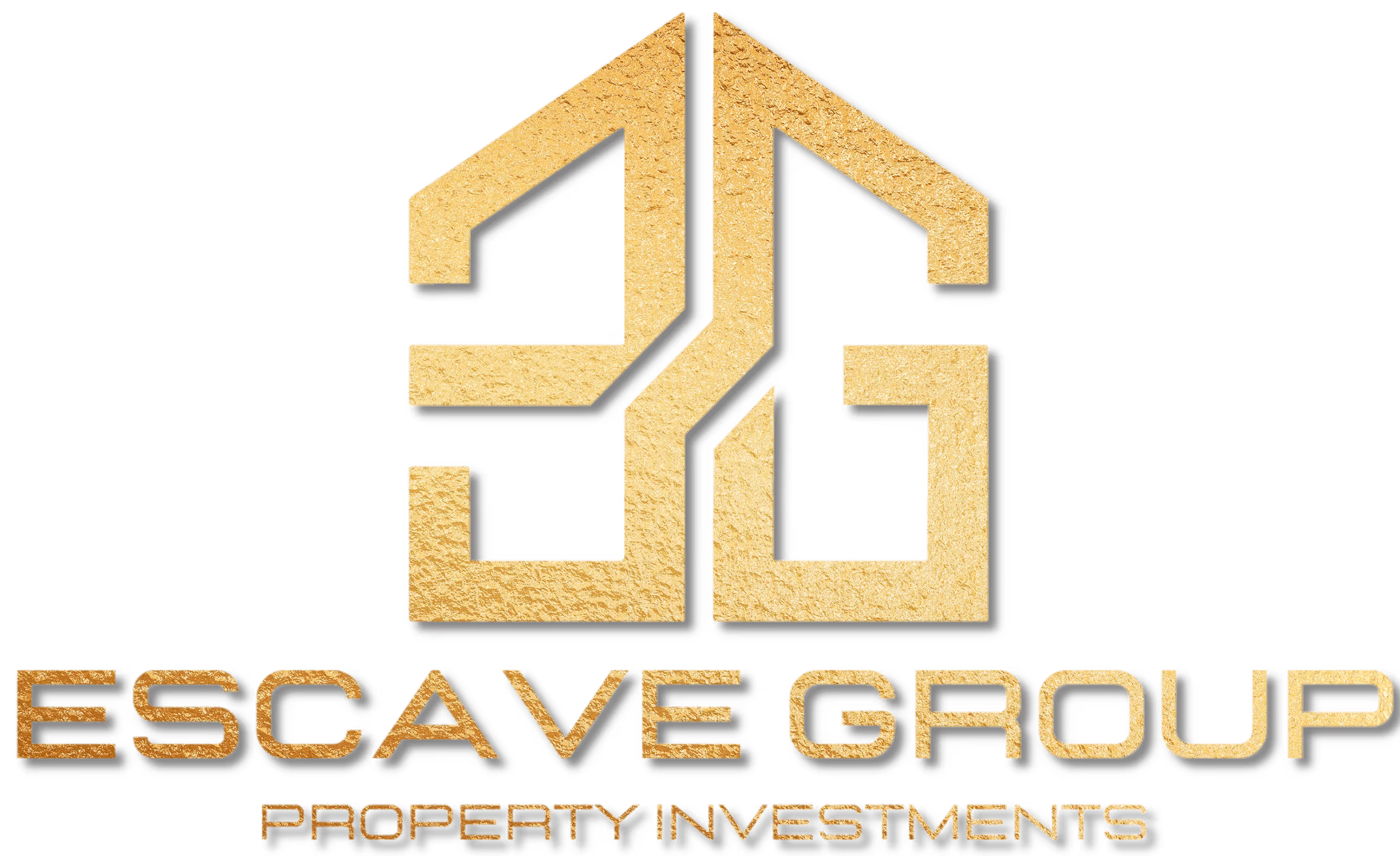 Gold textured geometric logo above the text ESCAVE GROUP and smaller text PROPERTY INVESTMENTS, all in gold with a black shadow.