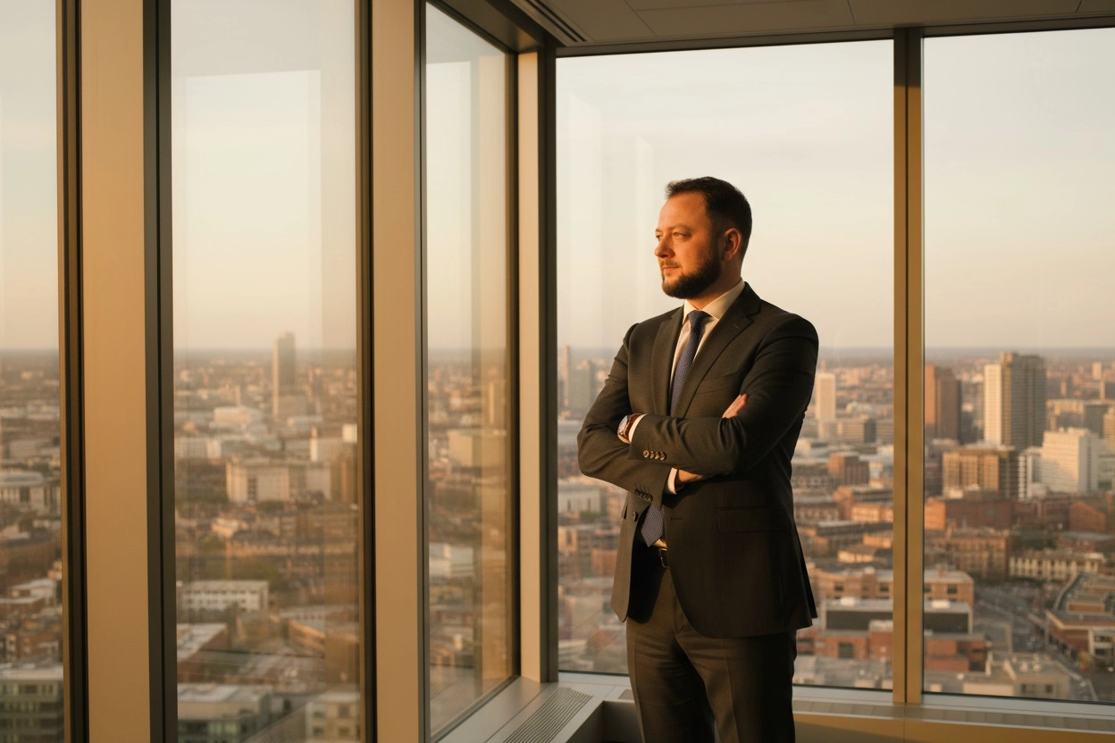 Man in a dark suit standing with arms crossed looking out a large window at a cityscape during sunset.