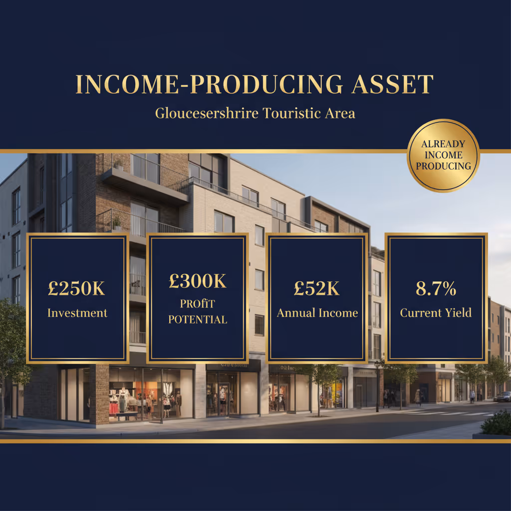 Modern mixed-use income-producing building in Gloucestershire with investment and profit potential figures displayed.