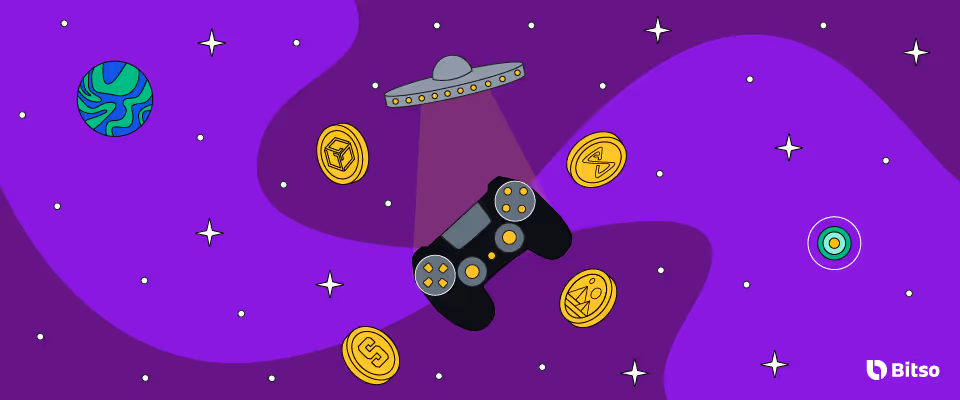 Imagem de controle de game com criptomoedas (gamecoins) ao redor.