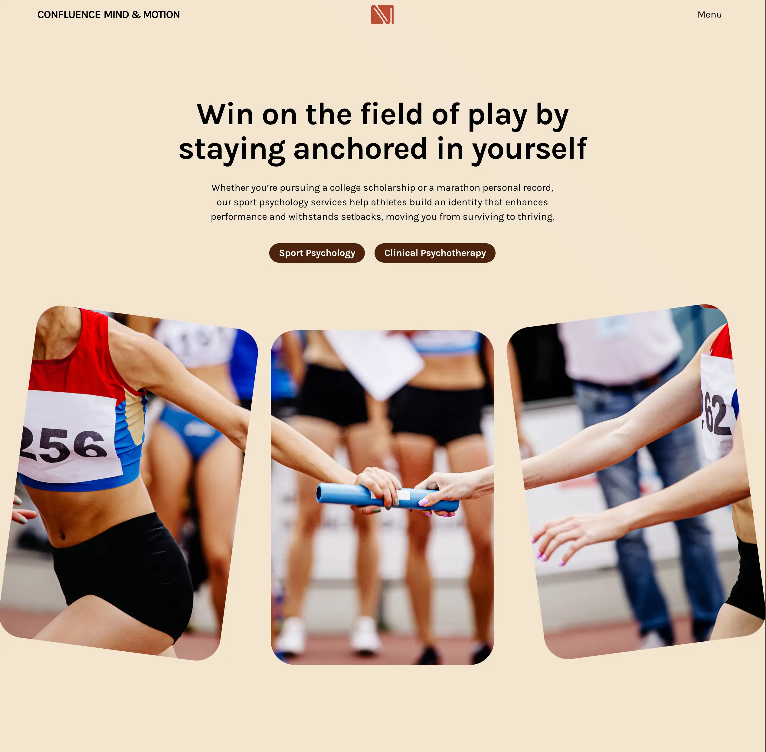 "Win on the field of play by staying anchored in yourself" screenshot of Pittsburgh's leading Sport Psychology practice, Confluence Mind and Motion