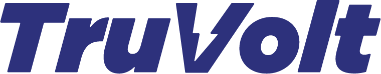 TruVolt brand name in bold dark blue text with a stylized lightning bolt incorporated in the letter V.