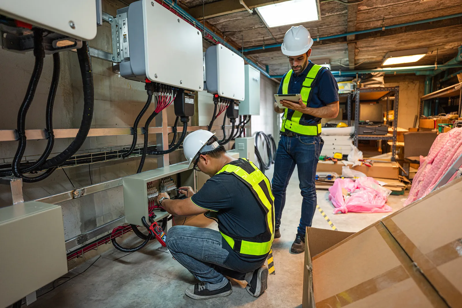 Two electricians wearing safety helmets and neon vests working on electrical panels in a cluttered industrial basement.