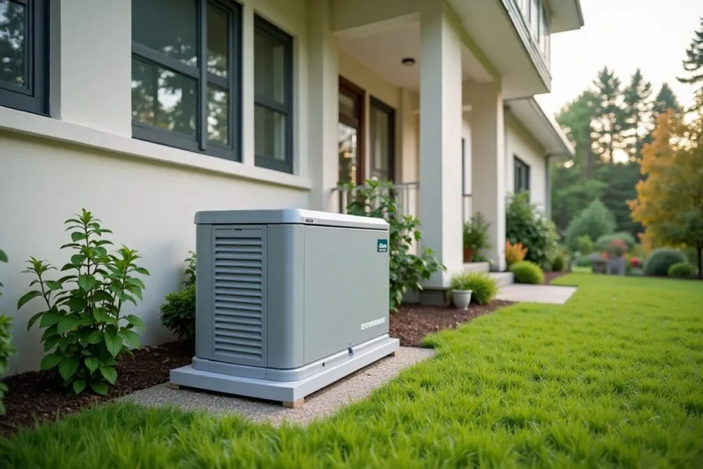 Home standby generator installed on a concrete pad next to a house with green lawn and shrubs.