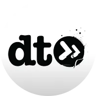 Black lowercase letters 'dt' followed by a black circle containing two white right-pointing arrows with paint splatter effect.