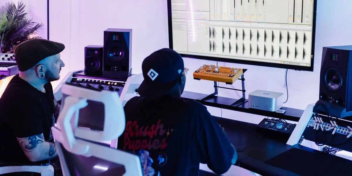 A producer teaches a new music production course student how to make music while sitting in a pro audio recording studio in London