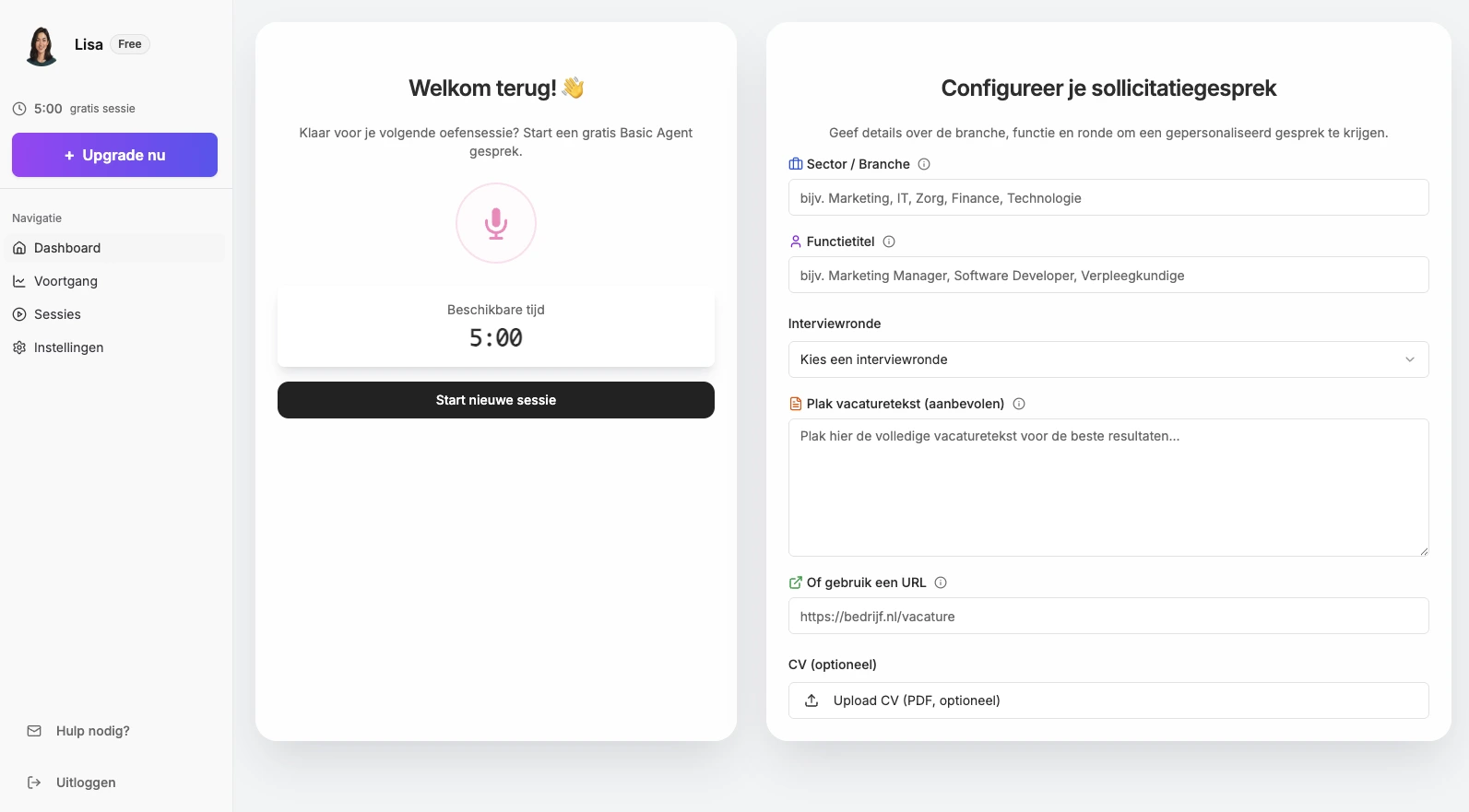 Schermafbeelding dashboard BaanUp-platform
