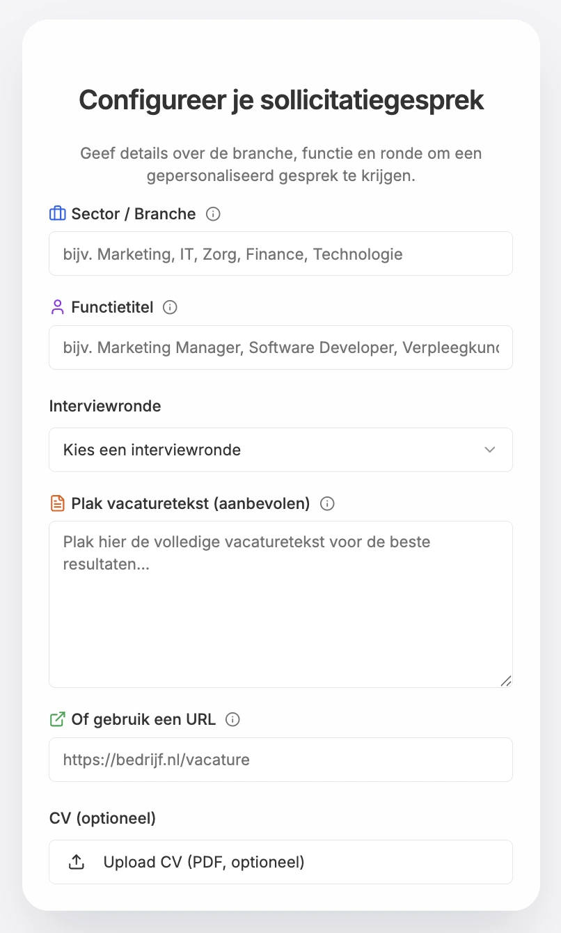 Screenshot BaanUp AI coach configuratie sollicitatiegesprek