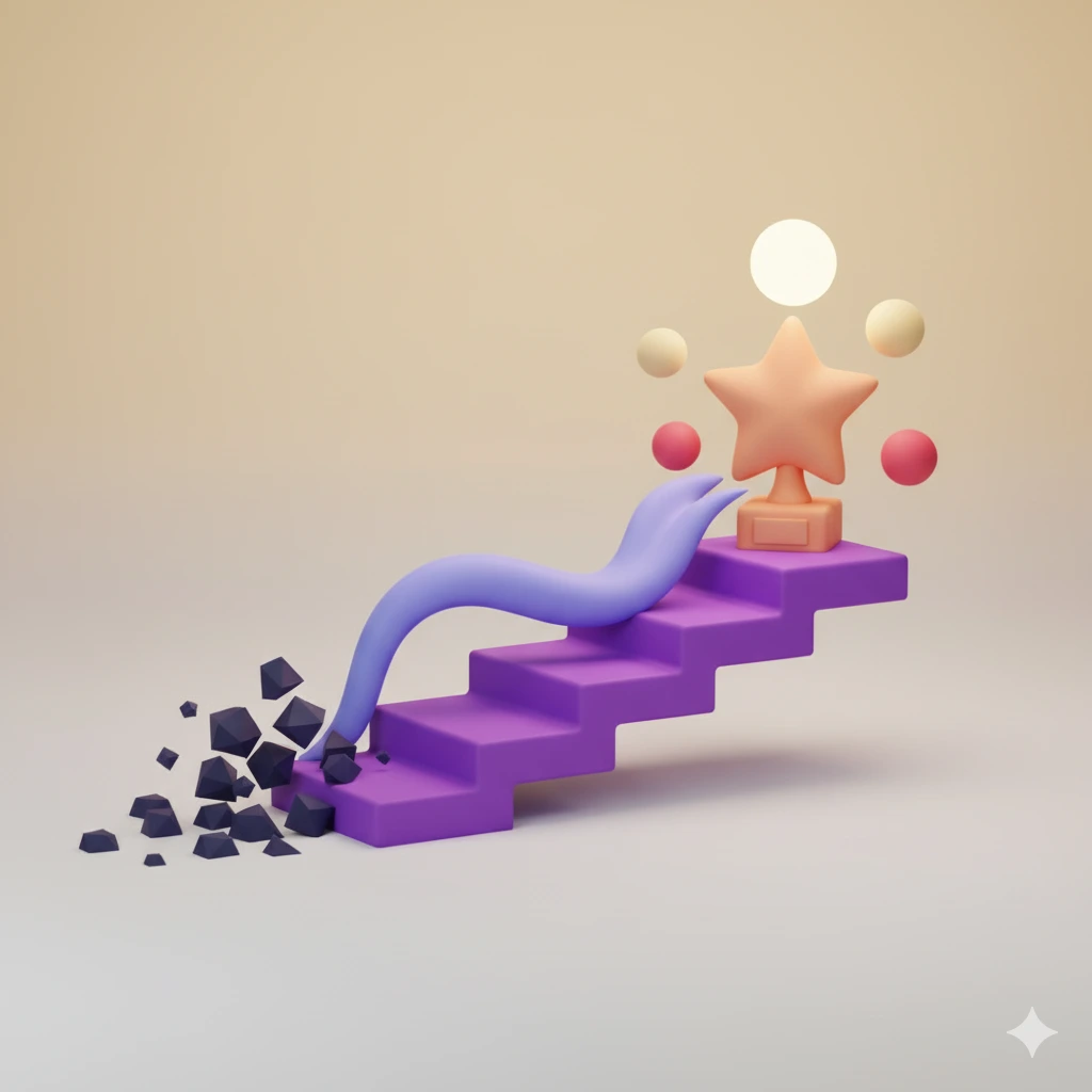 3D figuur klimt paarse trap naar ster trofee, symboliseert sollicitatiegesprek succes door oefening