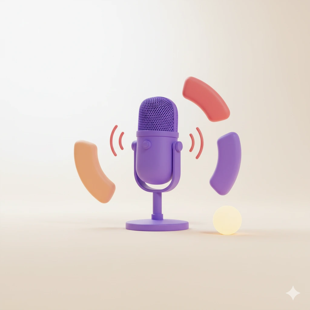 3D paarse microfoon met geluidsgolven voor hardop oefenen sollicitatiegesprek voice-based training