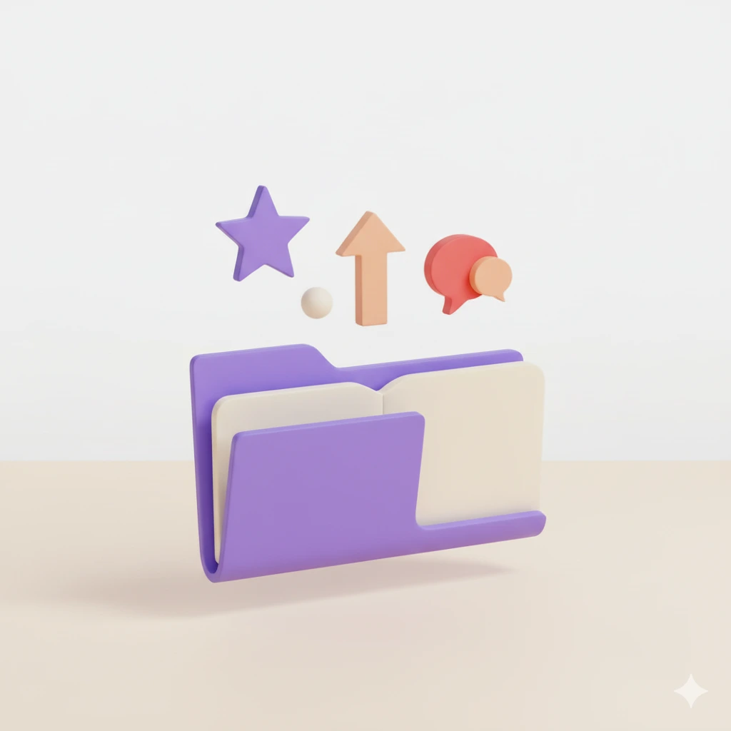 3D illustratie paarse map met ster en communicatie iconen voor sollicitatiegesprek voorbereiding thuis