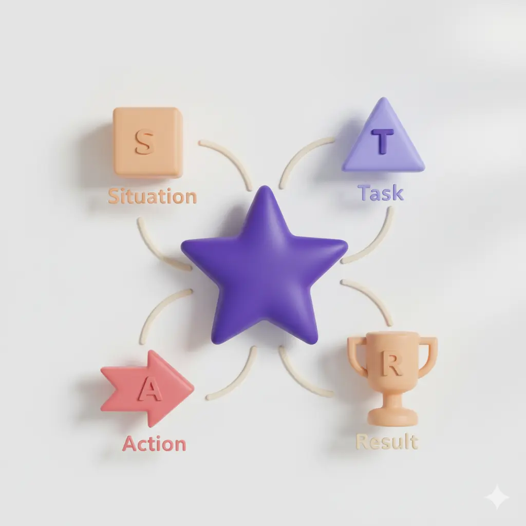 3D illustratie met paarse ster, trofee en STAR methode blokken voor sollicitatiegesprek voorbereiding