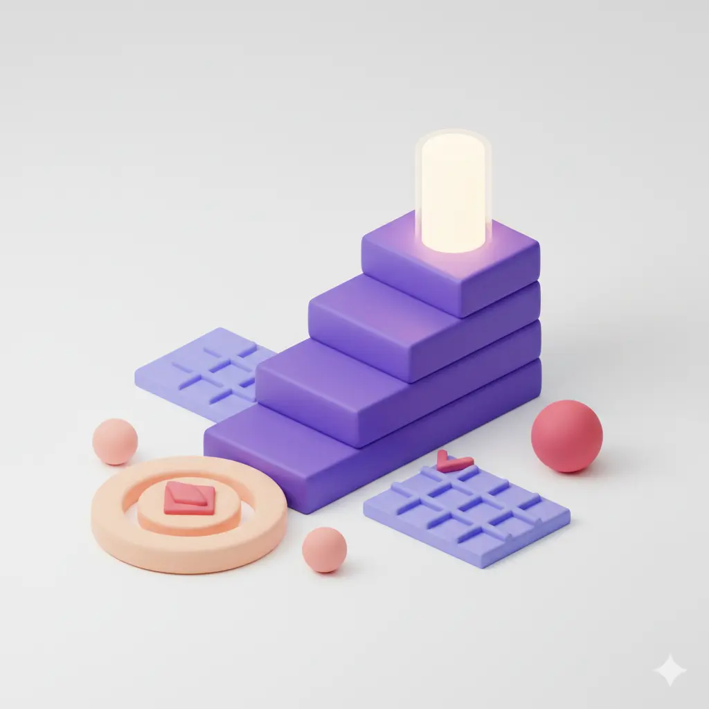 Gestapelde 3D blokken in paars en perzik die stapsgewijze sollicitatiegesprek voorbereiding voorstellen