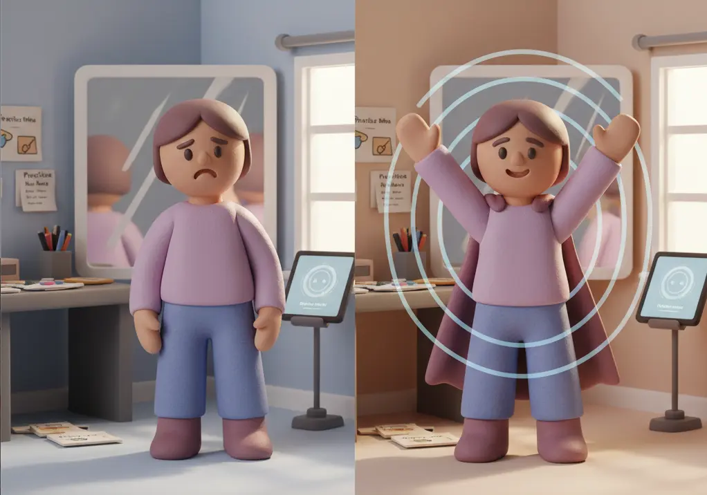 3D figuur overwint sollicitatie angst door oefening, illustratie met paarse kleuren en rustgevend beeld