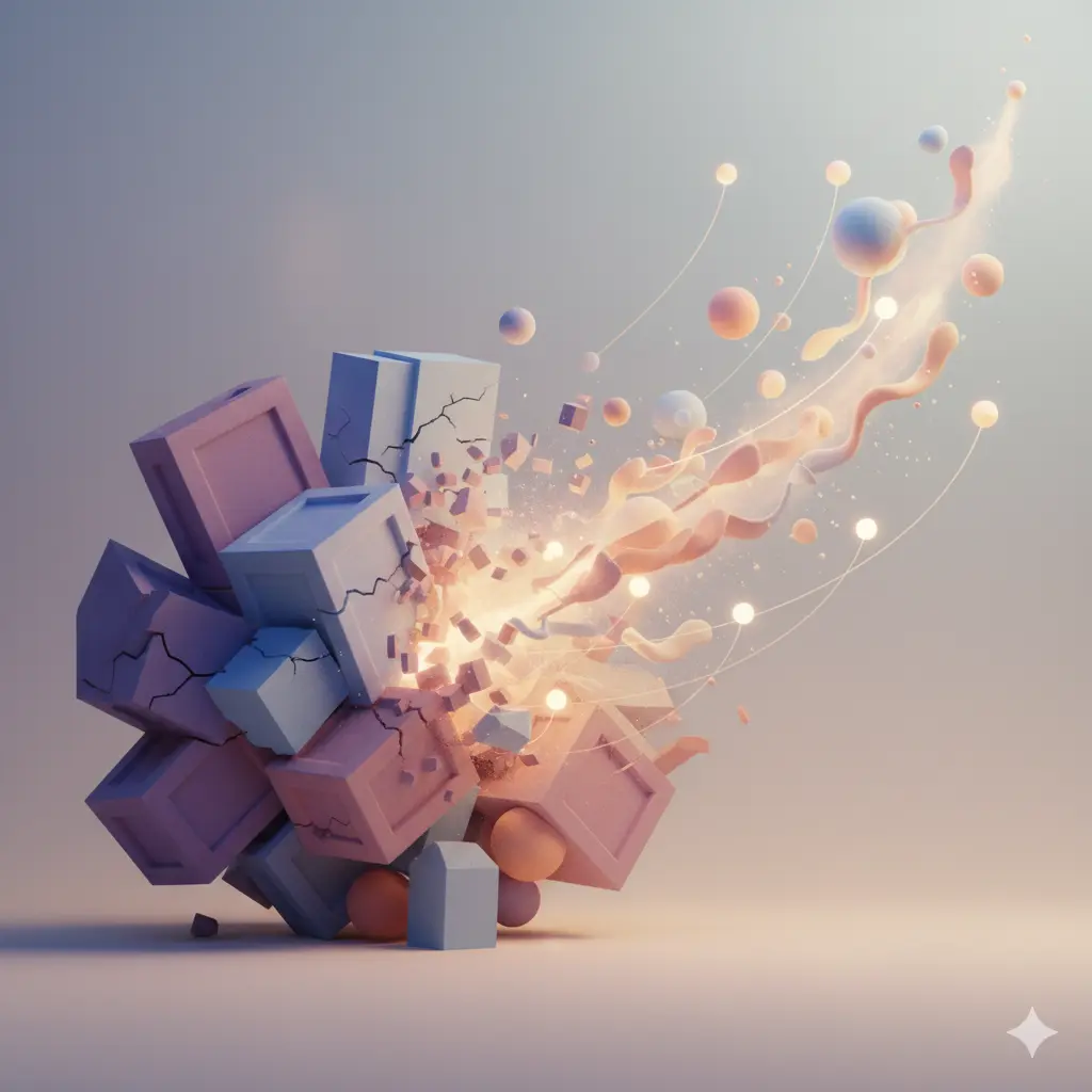 3D illustratie van kalme sollicitant die sollicitatieangst overwint met ondersteunende coaching elementen