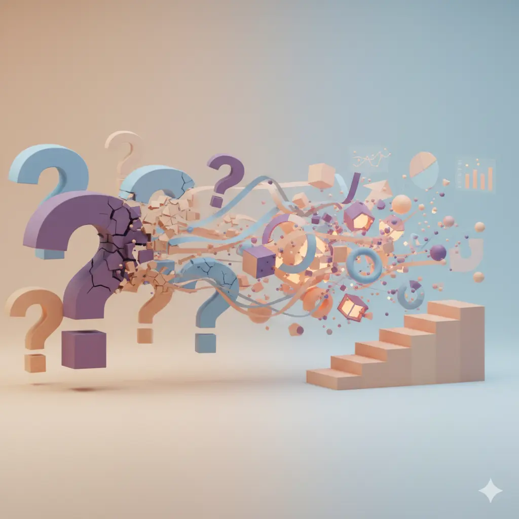 Abstract 3D illustratie met vraagtekenvormen die transformeren naar heldere lichtgevende paden in pastel kleuren