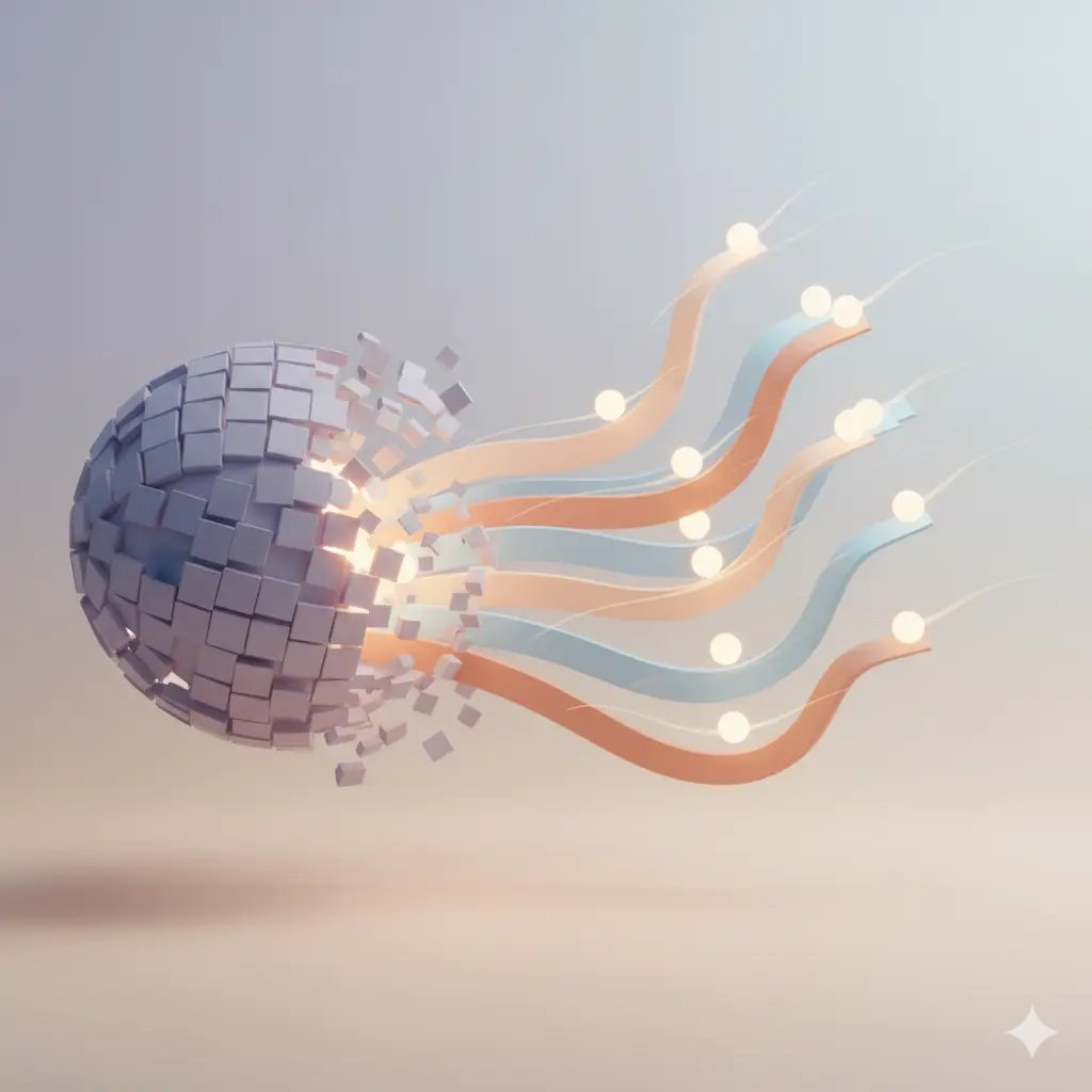 Abstracte 3D vormen transformeren van gesloten naar open, symboliserend gratis toegang tot oefenmogelijkheden