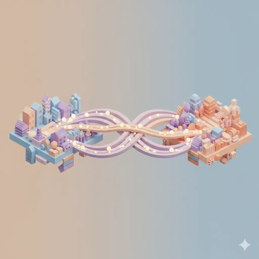 Abstracte bruggen verbinden twee platforms, symboliserend vloeiende code-switching in Engels sollicitatiegesprek oefenen