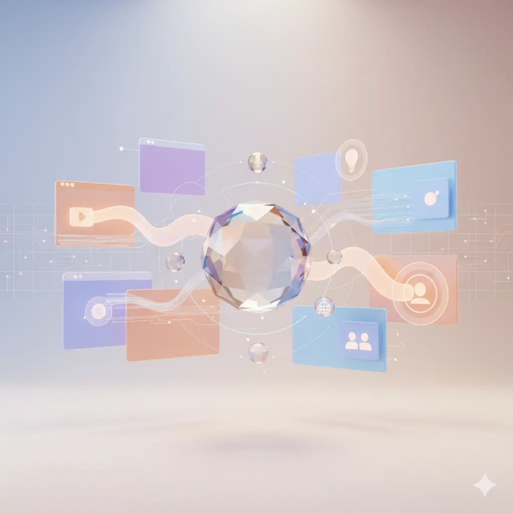 Abstracte verbonden platforms en lichtstromen tonen technische meesterschap voor online sollicitatiegesprek tips